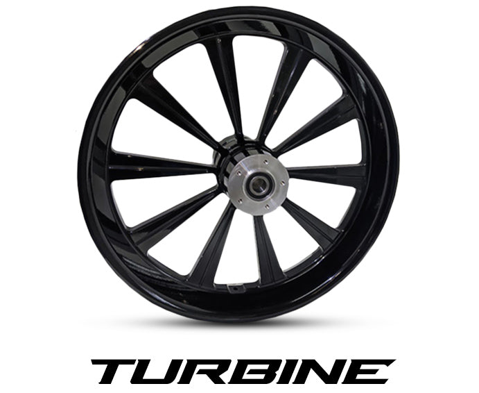 Turbine Harley-Davidson wheel in gloss black with bold directional spoke design and machined billet hub – Havoc Motorcycles billet wheel for Touring and Softail, available in 16x3.5, 18x5.5, 21x3.5, 21x5.5, 23x5.5