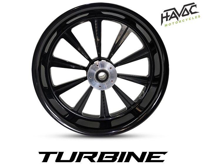 Havoc Motorcycles complete 18 x 5.5 fat tire kits for Harley Davidson bagger Street Glide, Road Glide, Road King, and Electra Glide. Complete with fat tire wheel, 180/55-18 fat front tire, fat front fender, and floating brake rotors.