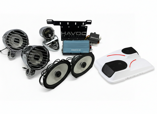 Havoc Roar Stereo HSR-600.4 Highway Pods and BADDAD Lids Four Speaker Stereo System for Harley-Davidson Road King