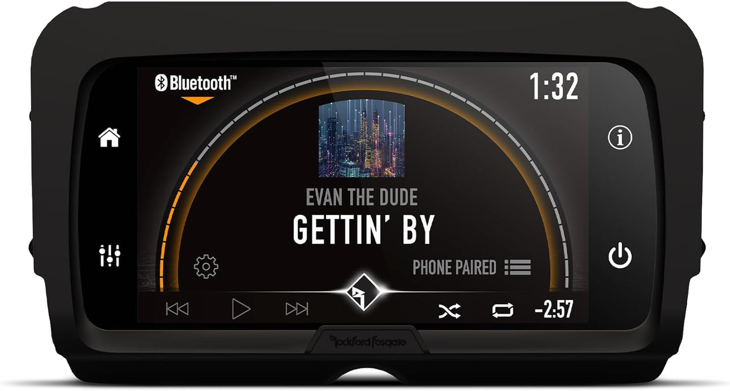 A Rockford Fosgate Canada PMX-HD14 motorcycle infotainment source unit featuring a 7-inch full color LCD display with built-in Apple Car Play, Bluetooth connectivity, and a view of a smartphone's screen on the display.