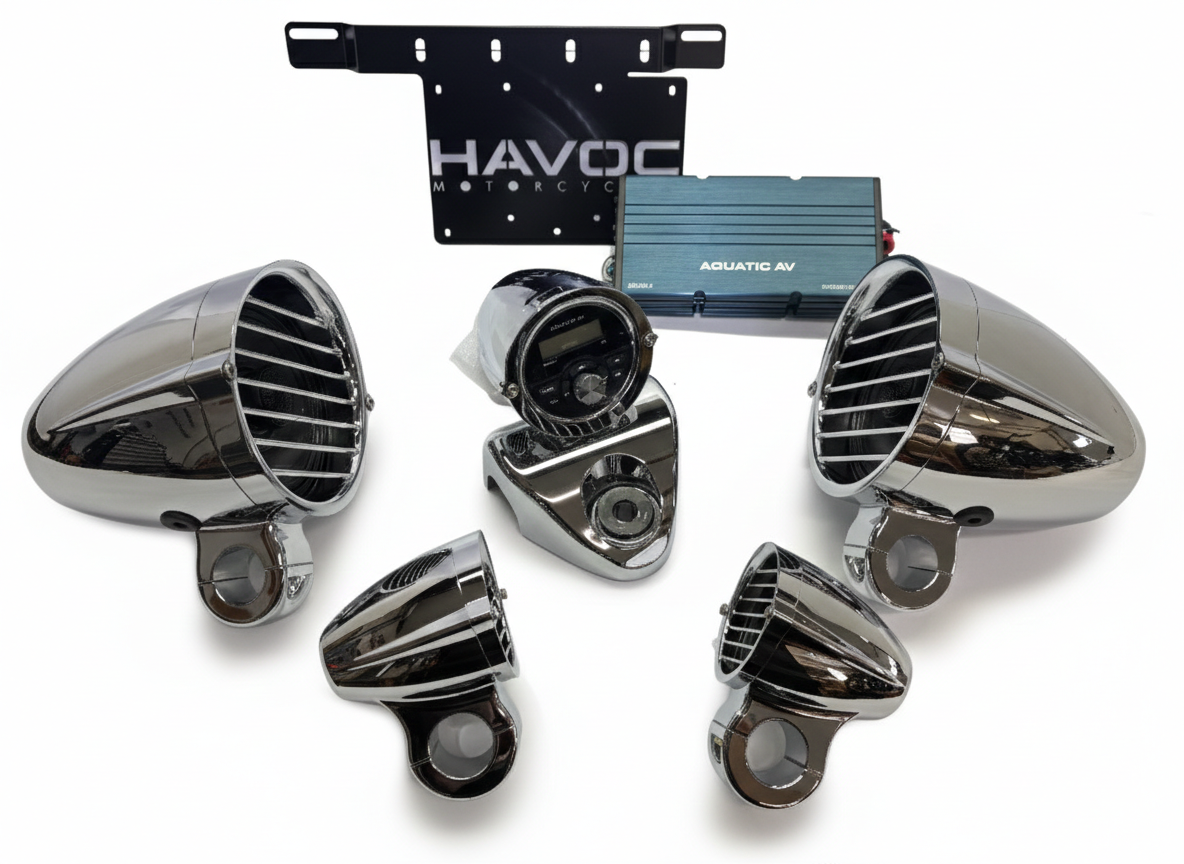 Havoc Roar Stereo HRS-624.4 Handlebars and Neo Highway Pods Four Speaker Stereo System for Harley-Davidson Road King