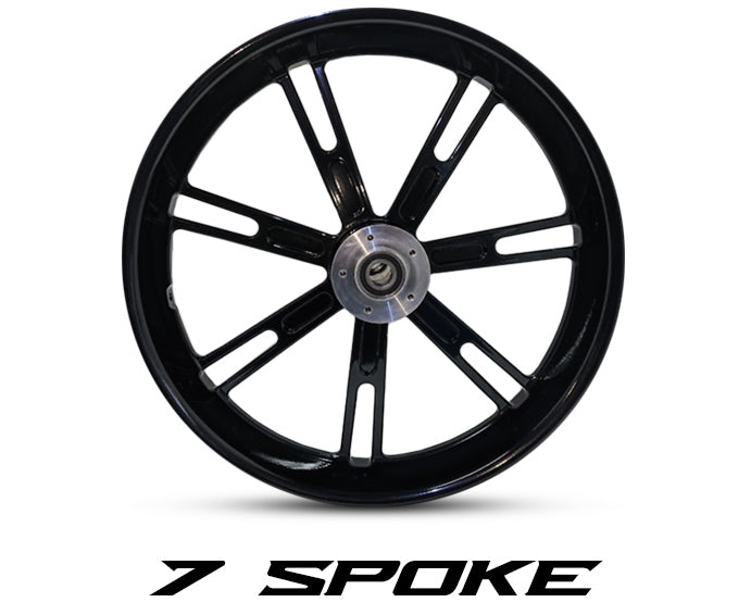 7-spoke black Harley-Davidson wheel with smooth powder-coated finish and machined billet hub, Havoc Motorcycles, available in 16x3.5, 18x5.5, 21x3.5, 21x5.5, and 23x5.5