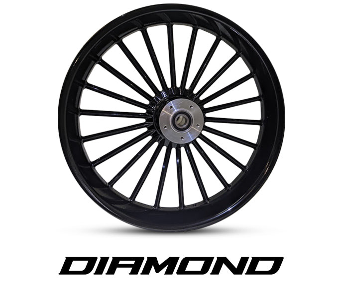 Diamond Harley-Davidson wheel in gloss black with diamond-cut spoke geometry and machined billet hub – Havoc Motorcycles custom wheel for Softail and Touring baggers