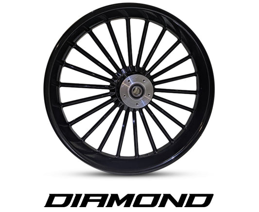 Diamond Harley-Davidson wheel in gloss black with diamond-cut spoke geometry and machined billet hub – Havoc Motorcycles custom wheel for Softail and Touring baggers