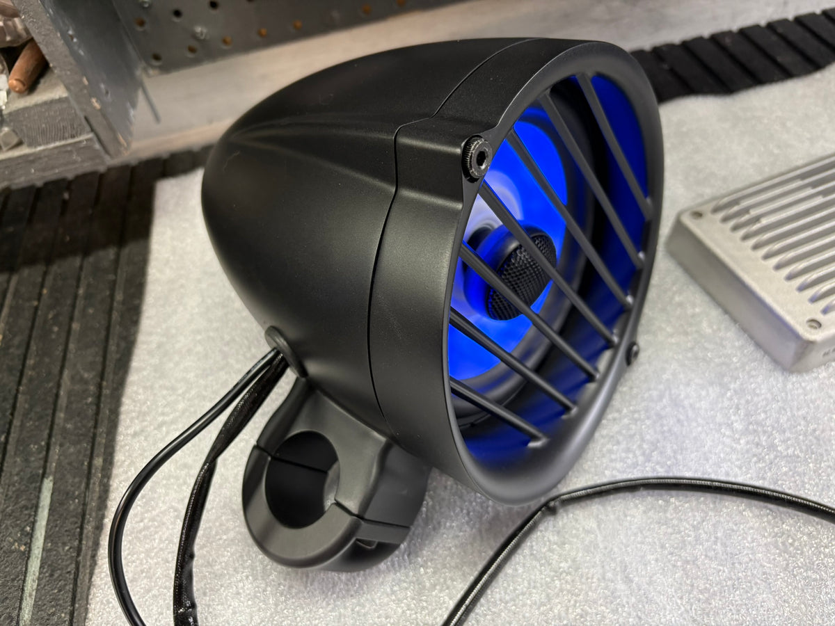 Havoc Motorcycles black highway speaker pod for Harley Davidson motorcycles with RGB lighting