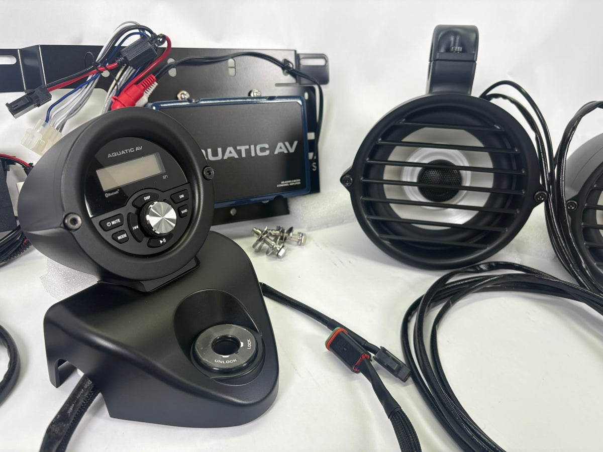 Aquatic AV stereo system for Harley-Davidson Road King motorcycles