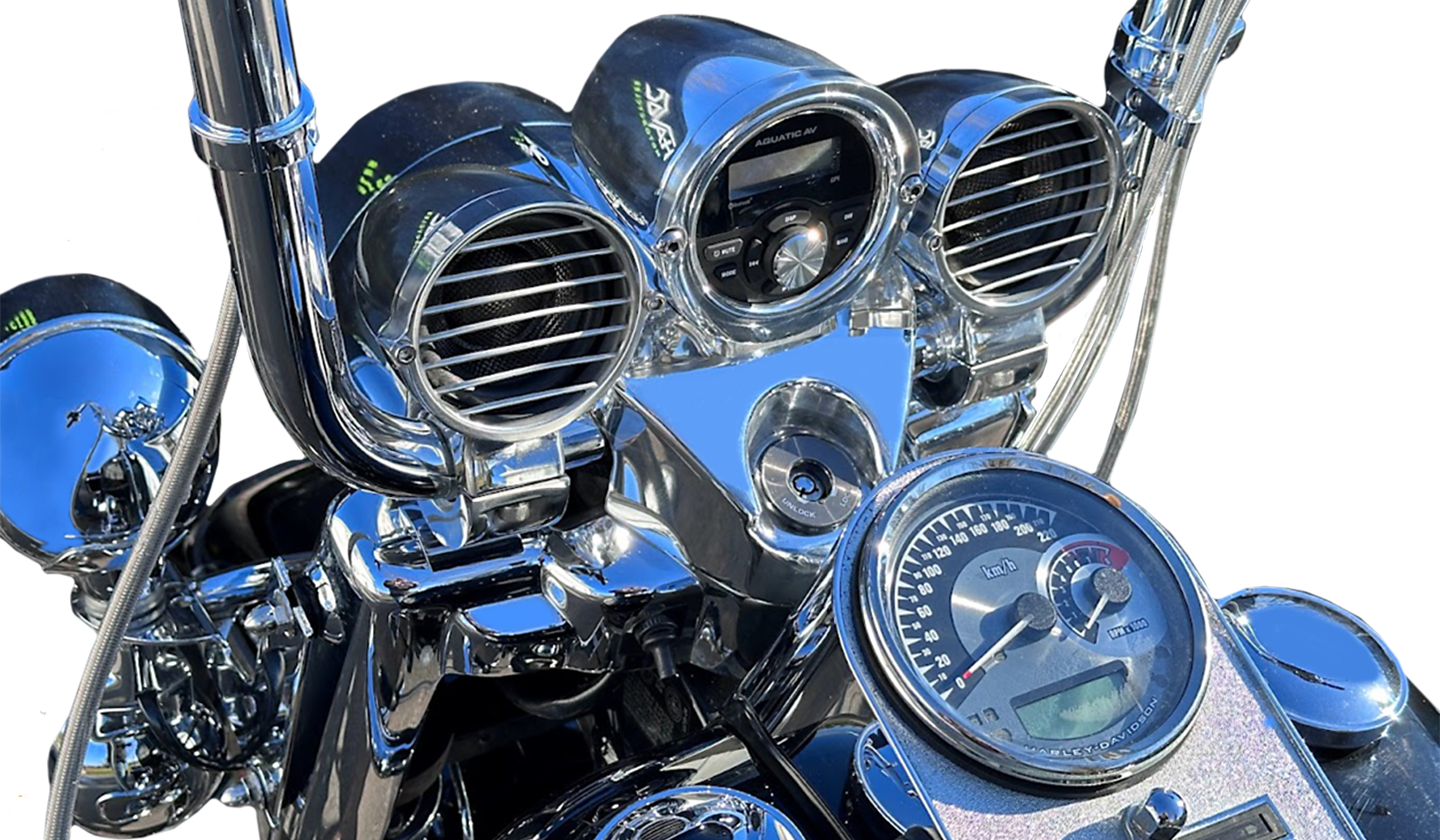 Havoc 3.5 inch handlebar speakers built by Aquatic AV for Harley-Davidson Road King