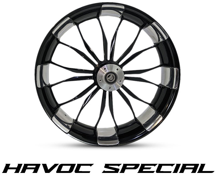 Havoc Special Harley-Davidson wheel in gloss black with machined accents and split-spoke performance design – Havoc Motorcycles billet wheel for Touring and Softail, available in 16x3.5, 18x5.5, 21x3.5, 21x5.5, 23x5.5