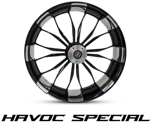 Havoc Special Harley-Davidson wheel in gloss black with machined accents and split-spoke performance design – Havoc Motorcycles billet wheel for Touring and Softail, available in 16x3.5, 18x5.5, 21x3.5, 21x5.5, 23x5.5