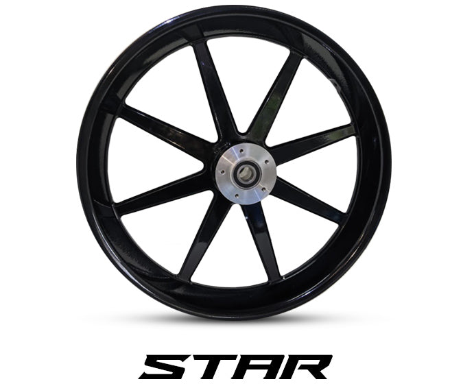 Star Harley-Davidson wheel in gloss black with bold 8-spoke design and machined billet hub – Havoc Motorcycles billet wheel for Touring and Softail, available in 16x3.5, 18x5.5, 21x3.5, 21x5.5, 23x5.5