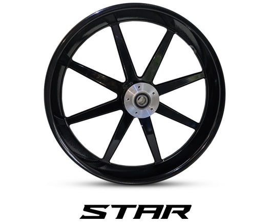 Star Harley-Davidson wheel in gloss black with bold 8-spoke design and machined billet hub – Havoc Motorcycles billet wheel for Touring and Softail, available in 16x3.5, 18x5.5, 21x3.5, 21x5.5, 23x5.5