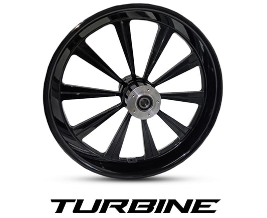 Turbine Harley-Davidson wheel in gloss black with bold directional spoke design and machined billet hub – Havoc Motorcycles billet wheel for Touring and Softail, available in 16x3.5, 18x5.5, 21x3.5, 21x5.5, 23x5.5